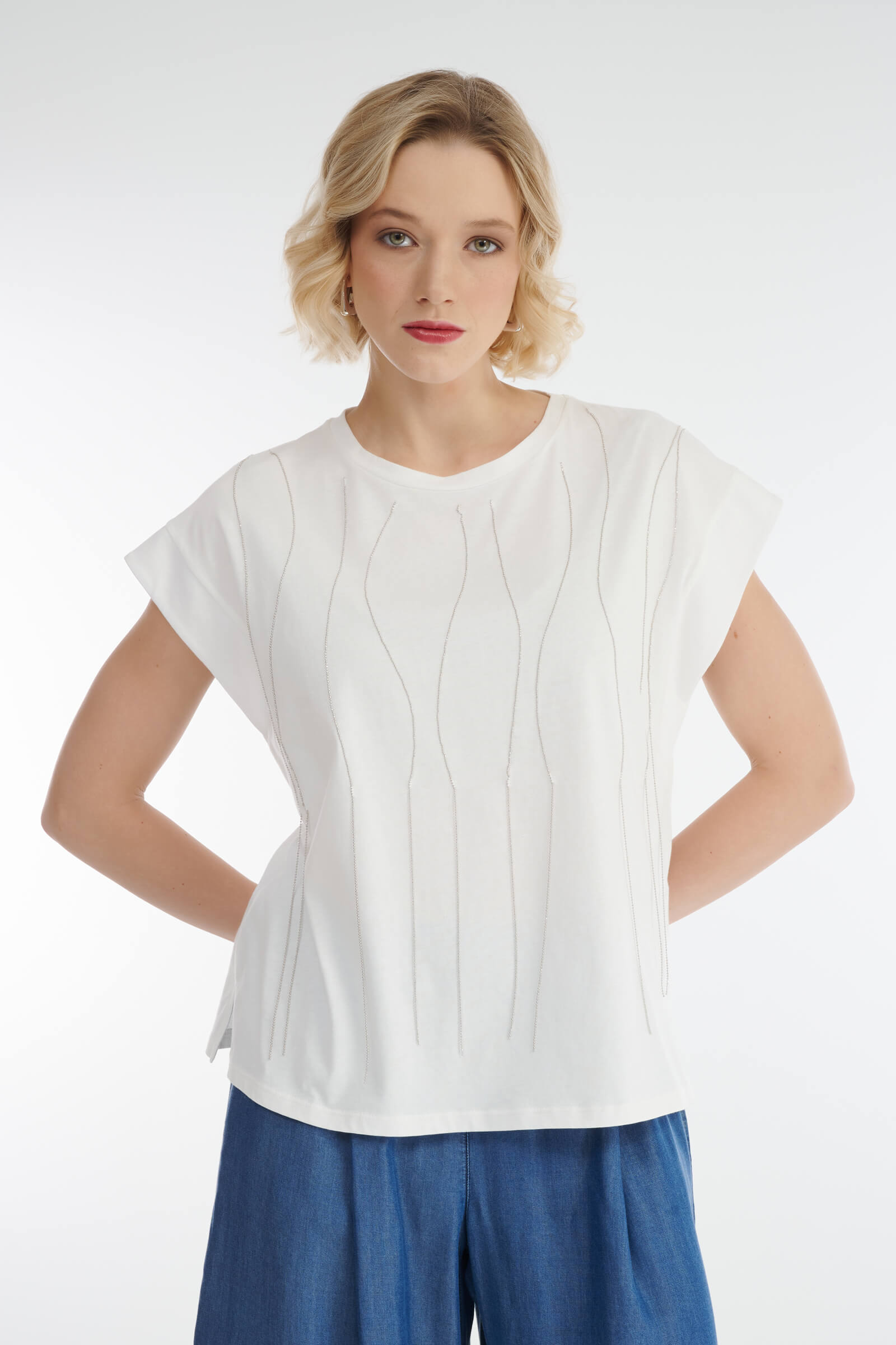 Хлопковая свободная футболка с бусинами Бренд Diana Gallesi